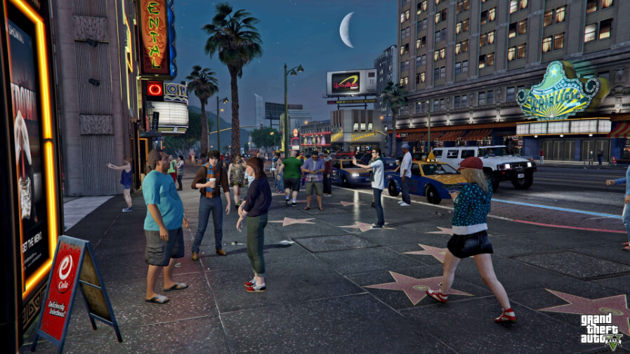 Spectacular Los Santos skyline in GTA 5, bathed in the warm glow of city lights